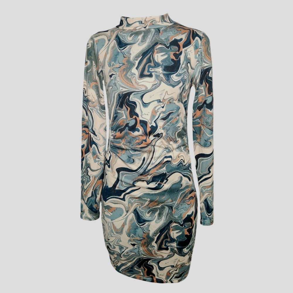 Bojou Apparel Dress Medium Marble Paint Swirl Side Cut Outs Stretch Mock Neck